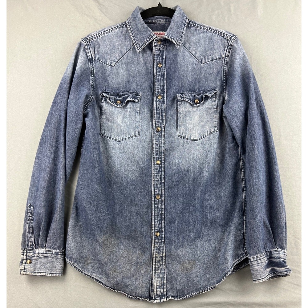 Mossimo Denim Western Shirt Mens Small Pearl Snap Faded Blue Cotton Good